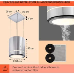 Klarstein Tron Ambience Island Extractor Hood Ø38cm Convection 540m³ / H LED Stainless Steel -Home Appliance Store 22969593 5