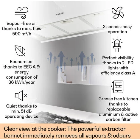 Klarstein Kronleuchter XL Kitchen Island Extractor Hood 90cm Recirculation 590m³/h LED Touchscreen White 4 Klarstein Kronleuchter XL Kitchen Island Extractor Hood 90cm Recirculation 590m³/h LED Touchscreen White - Image 2