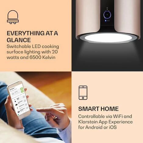 Klarstein Skyfall Smart, Island Extractor Hood, Ø45cm, Circulating Air, 402m³ / H, LED, Stainless Steel, Gold 5 Klarstein Skyfall Smart, Island Extractor Hood, Ø45cm, Circulating Air, 402m³ / H, LED, Stainless Steel, Gold - Image 3