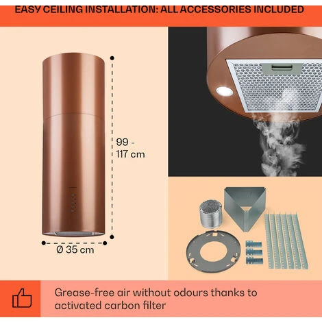 Klarstein Beretta, Island Extractor Hood, Ø 35 Cm, Exhaust / Circulating Air, 650m³ / H, LED, Copper 7 Klarstein Beretta, Island Extractor Hood, Ø 35 Cm, Exhaust / Circulating Air, 650m³ / H, LED, Copper - Image 5