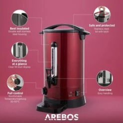 AREBOS Mulled Wine Cooker 1650 W Hot Drink Dispenser 20 L With Drip Tray, Outlet Tap, Thermostat And Overheating Protection Temperature Setting From 30 - 110 °C Red -Home Appliance Store 63743229 3