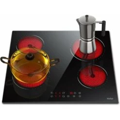 Electric Hob 4 Zone Ceramic Hob 60 Cm With Touch Control 6000W 9 Power Levels Safety Lock Auto Switch Off Safety Residual Heat Indicator Hard Wire, No Plug Included