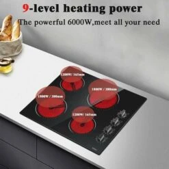 Ceramic Hob 4 Zones Electric Hob With Knobs Built In 6000W Ceramic Hob 60cm With Non-abrasive Black Glass Auto Switch Off Safety Hard Wire, No Plug Included -Home Appliance Store 72566724 3