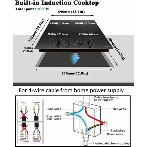 Induction Hob Black Glass Electric Cooktop Built-in 4 Zone Electric Hob With Knob 60cm, 7200W, Hard Wire, No Plug Included 4 Induction Hob Black Glass Electric Cooktop Built-in 4 Zone Electric Hob With Knob 60cm, 7200W, Hard Wire, No Plug Included - Image 2