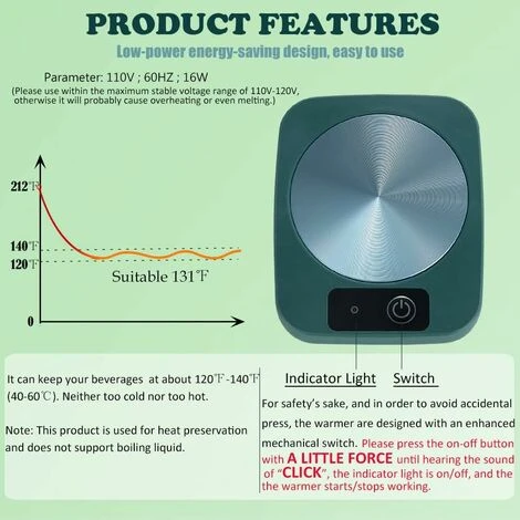 Coffee Mug Cup Warmer Coaster For Coffee Tea Cocoa Milk Food Fruits Candle, Aluminum Metal Panel, Safe Reliable, Green (4" X 5") 4 Coffee Mug Cup Warmer Coaster For Coffee Tea Cocoa Milk Food Fruits Candle, Aluminum Metal Panel, Safe Reliable, Green (4" X 5") - Image 2